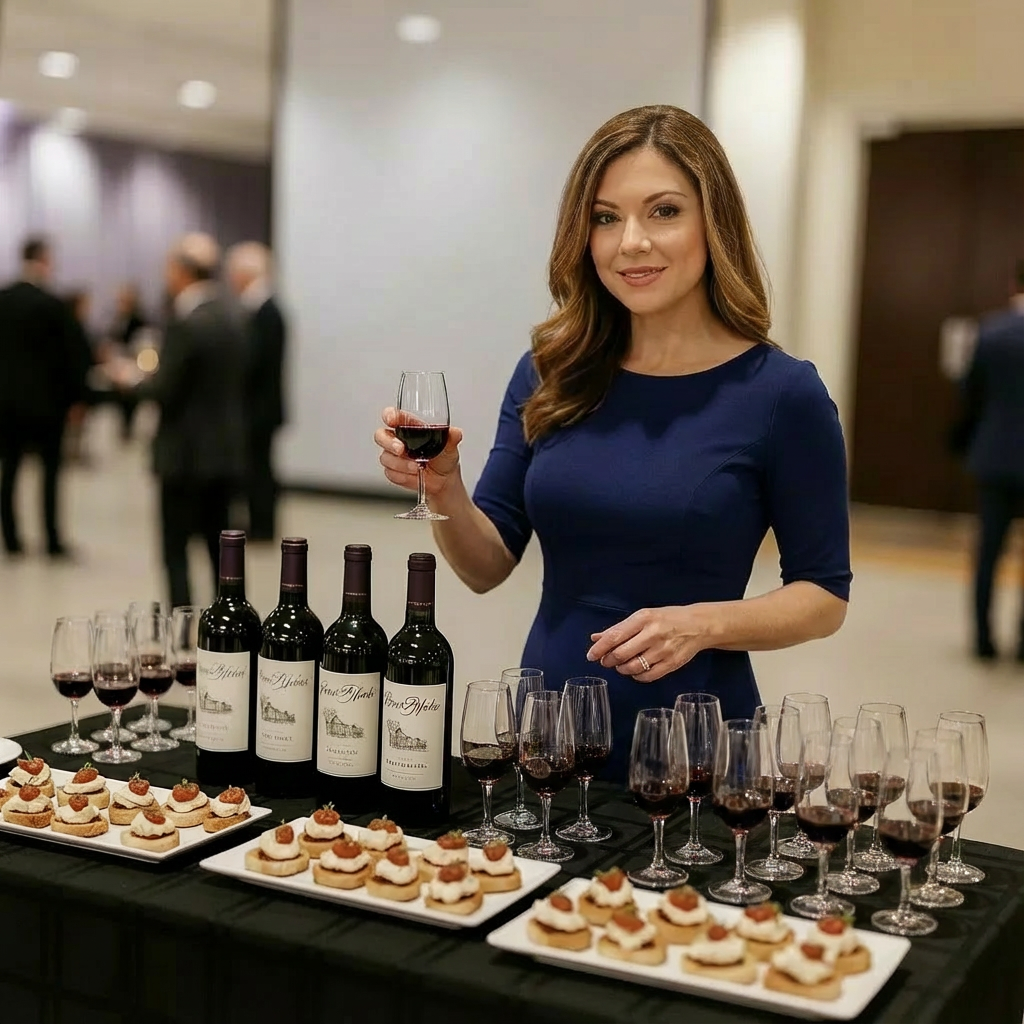 Brand ambassador pouring wine samples at a tasting event