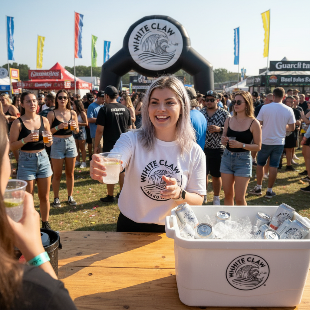 White Claw festival sampling activation with product handoff